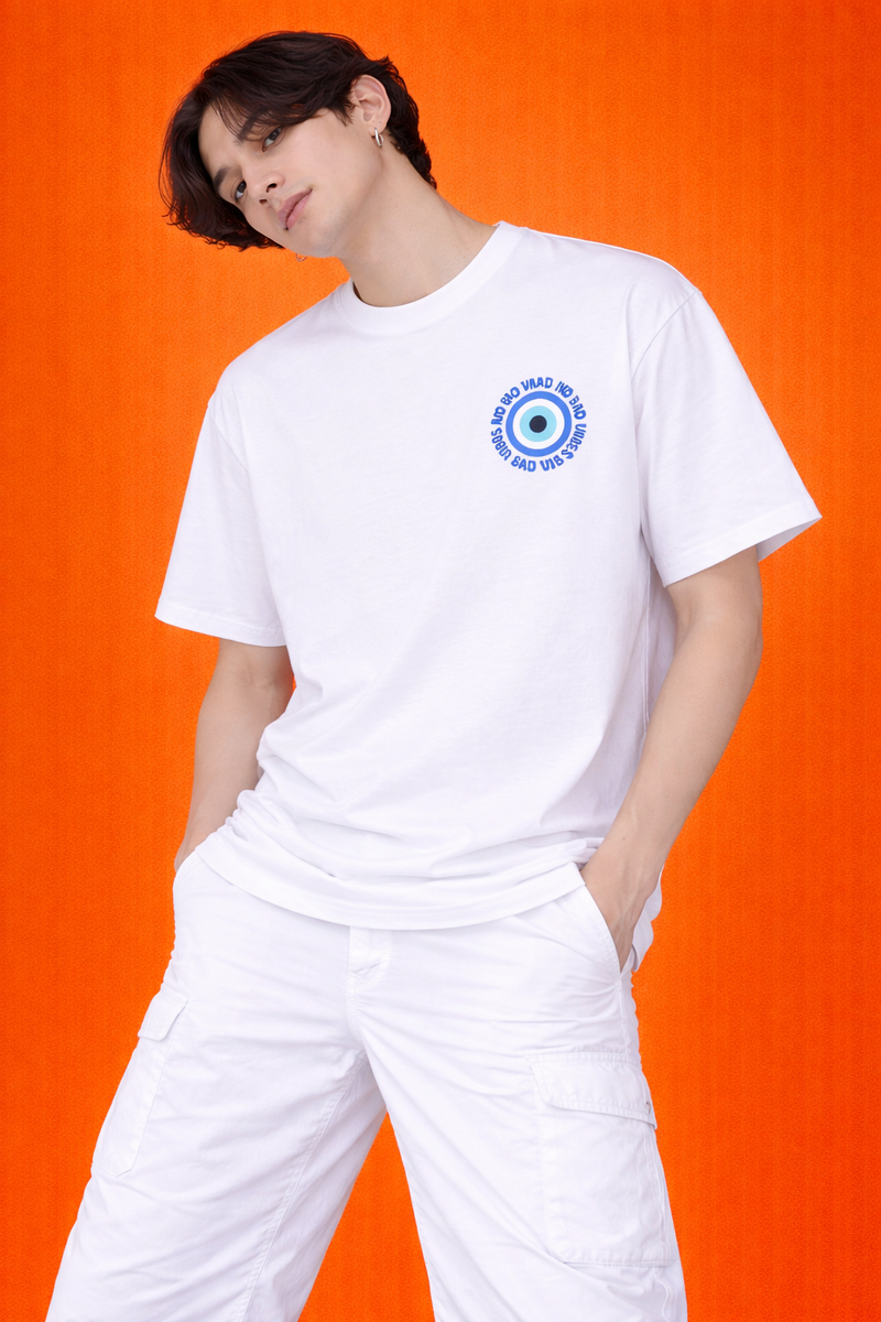 Blue Evil Eye | Minimal White | Oversized T-Shirt | Men